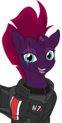 Size: 260x512 | Tagged: safe, artist:ethaes, artist:lucky stone, imported from derpibooru, fizzlepop berrytwist, tempest shadow, pony, unicorn, my little pony: the movie, armor, broken horn, colored, crossover, eye scar, female, mare, mass effect, n7 armor, scar, simple background, smiling, solo, sticker, transparent background