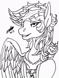 Size: 2176x2897 | Tagged: safe, artist:brainiac, imported from derpibooru, oc, oc only, oc:morning glory (project horizons), pegasus, pony, amputee, black and white, bust, chest fluff, clothes, female, grayscale, inktober, inktober 2017, mare, missing limb, missing wing, monochrome, one winged pegasus, simple background, smiling, solo, traditional art, white background