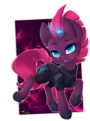 Size: 800x1079 | Tagged: safe, artist:teranen, imported from derpibooru, tempest shadow, pony, unicorn, my little pony: the movie, armor, broken, broken horn, colored pupils, cute, eye scar, female, horn, horseshoes, mare, scar, simple background, smiling, solo, sparking horn, tempestbetes, transparent background