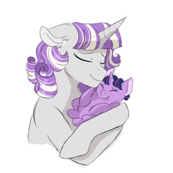 Size: 2000x2000 | Tagged: dead source, safe, artist:scarletskitty12, imported from derpibooru, twilight sparkle, twilight velvet, pony, unicorn, baby, baby pony, babylight sparkle, cute, eyes closed, female, filly, filly twilight sparkle, floppy ears, fluffy, foal, holding a pony, horn, loving mother, mama velvet, mare, mother and daughter, motherly, motherly love, simple background, smiling, twiabetes, unicorn twilight, velvetbetes, white background, younger