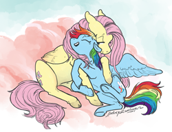 Size: 1280x984 | Tagged: safe, artist:spectralunicorn, imported from derpibooru, fluttershy, rainbow dash, pegasus, pony, cloud, cute, duo, female, flutterdash, hug, lesbian, mare, shipping