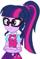 Size: 443x654 | Tagged: safe, artist:thebar, imported from derpibooru, sci-twi, twilight sparkle, equestria girls, movie magic, spoiler:eqg specials, bowtie, crossed arms, female, geode of telekinesis, glasses, jewelry, pendant, ponytail, simple background, solo, transparent background, worried