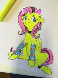 Size: 960x1280 | Tagged: safe, artist:spectralunicorn, imported from derpibooru, fluttershy, pegasus, pony, alternate hairstyle, clothes, cute, female, floppy ears, mare, sitting, solo, traditional art