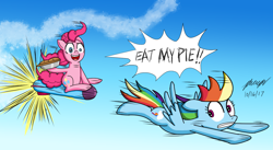 Size: 1180x645 | Tagged: safe, artist:pheeph, imported from derpibooru, pinkie pie, rainbow dash, secrets and pies, chase, eat my pie, food, missile, pie, sky, smoke trail, that pony sure does love pies