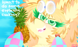 Size: 1000x600 | Tagged: safe, imported from derpibooru, oc, oc only, earth pony, pony, blue background, chest fluff, clothes, colored pupils, dialogue, ear fluff, female, fluffy, food, goggles, hoof hold, lighter, looking at you, mare, pineapple, sharp teeth, signature, simple background, socks, solo, string, teeth