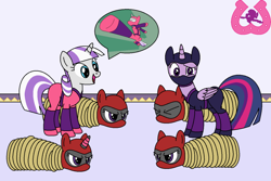 Size: 1024x683 | Tagged: safe, artist:author92, imported from derpibooru, twilight sparkle, twilight velvet, alicorn, unicorn, series:siege of canterlot, alternate clothes, alternate costumes, bondage, brightly colored ninjas, confused, horn ring, kunoichi, magic suppression, mask, ninja, raised eyebrow, rope, speech bubble, twilight sparkle (alicorn)