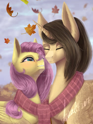 Size: 1024x1365 | Tagged: safe, artist:aqualit, imported from derpibooru, fluttershy, oc, oc:eternal light, alicorn, alicorn oc, autumn, canon x oc, clothes, scarf, watermark