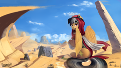 Size: 1920x1080 | Tagged: safe, artist:discordthege, imported from derpibooru, daring do, pegasus, pony, archeologist, clothes, desert, female, goggles, headdress, headset, keffiyeh, looking at you, looking back, looking back at you, mare, pyramid, ruins, scenery, side plot, sitting, solo, updated