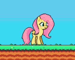 Size: 480x384 | Tagged: safe, artist:biel56789, derpibooru exclusive, imported from derpibooru, fluttershy, pegasus, pony, game:spike's quest, alternate hairstyle, blushing, cute, female, idle, pixel art, shyabetes, sky, solo