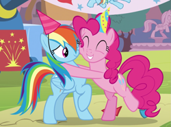 Size: 867x643 | Tagged: safe, imported from derpibooru, screencap, pinkie pie, rainbow dash, secrets and pies, birthaversary, cropped, duo, hat, hug, party hat