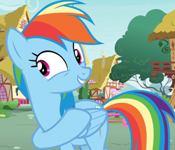 Size: 1264x1080 | Tagged: safe, imported from derpibooru, screencap, rainbow dash, secrets and pies, cropped, cute, female, raised hoof, smiling, solo
