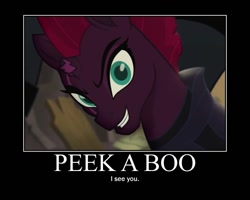 Size: 750x600 | Tagged: safe, edit, edited screencap, imported from derpibooru, screencap, tempest shadow, my little pony: the movie, bronybait, cute, evil grin, female, grin, happy, motivational poster, peekaboo, pretty pretty tempest, silly little ponies, smiling, smirk, solo, tempestbetes