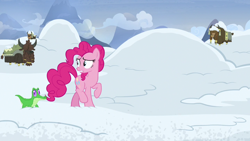 Size: 1280x720 | Tagged: safe, imported from derpibooru, screencap, gummy, pinkie pie, alligator, earth pony, pony, yak, not asking for trouble, female, mare, snow, unnamed character, unnamed yak