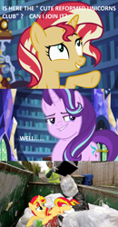 Size: 880x1688 | Tagged: safe, edit, edited screencap, imported from derpibooru, screencap, starlight glimmer, sunset shimmer, pony, unicorn, equestria girls, mirror magic, spoiler:eqg specials, abuse, drama, drama bait, into the trash it goes, op is a duck, shimmerbuse, starlight glimmer is best pony, sunset shimmer's trash can, trash