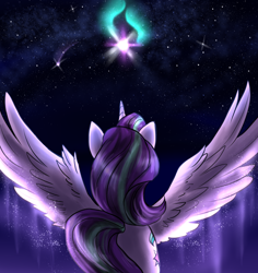 Size: 1888x2000 | Tagged: safe, artist:not-ordinary-pony, imported from derpibooru, starlight glimmer, alicorn, pony, alicornified, aurora borealis, female, mare, night, race swap, rear view, shooting star, solo, space, spread wings, starlicorn, stars, wings, xk-class end-of-the-world scenario