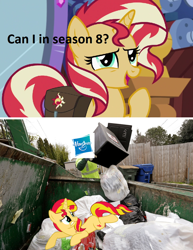 Size: 888x1148 | Tagged: safe, imported from derpibooru, sunset shimmer, pony, unicorn, abuse, bags, drama, grammar error, hasbro, magic mirror, shimmerbuse, trash