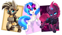 Size: 3073x1744 | Tagged: safe, artist:teranen, imported from derpibooru, dj pon-3, tempest shadow, vinyl scratch, zecora, pony, unicorn, zebra, my little pony: the movie, armor, broken horn, colored pupils, cute, ear piercing, eye scar, female, horn, mare, piercing, scar, simple background, smiling, sparking horn, sunglasses, tempestbetes, transparent background, trio, vinylbetes, zecorable