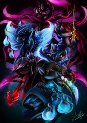 Size: 1600x2263 | Tagged: dead source, safe, artist:spectrumblaze, imported from derpibooru, oc, oc only, oc:cloud berry, oc:downvote, oc:icarus windfall, oc:musica ink, oc:sapphire breeze, oc:skyrider, oc:spectrum blaze, demon pony, pony, derpibooru, cloak, clothes, curved horn, derpibooru ponified, meta, ponified, sword, weapon