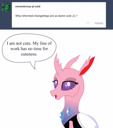 Size: 4500x5100 | Tagged: safe, artist:kirbymlp, imported from derpibooru, oc, oc only, oc:sunset gleam, changedling, changeling, ask sunset gleam, absurd resolution, ask, changedling oc, changeling oc, cute, cuteling, dialogue, i'm not cute, tumblr, tumblr blog, vector