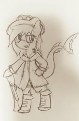 Size: 259x395 | Tagged: safe, imported from derpibooru, oc, oc only, oc:mystic bolt, original species, shark pony, bipedal, clothes, monochrome, solo, traditional art, weapon