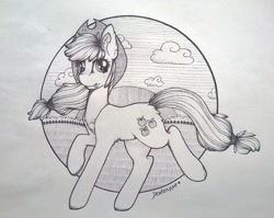 Size: 1024x814 | Tagged: safe, artist:dexterisse, imported from derpibooru, applejack, earth pony, pony, cowboy hat, female, hat, looking at you, mare, monochrome, pencil drawing, solo, tongue out, traditional art