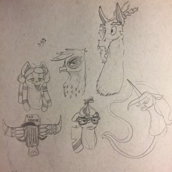 Size: 1280x1280 | Tagged: safe, artist:greyscaleart, imported from derpibooru, discord, gilda, moondancer, prince rutherford, princess celestia, tree hugger, griffon, pony, yak, not asking for trouble, bust, monochrome, portrait, traditional art