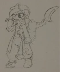 Size: 1021x1225 | Tagged: safe, artist:mystic bolt, imported from derpibooru, oc, oc only, oc:mystic bolt, original species, shark pony, clothes, gun, monochrome, pirate, pocket watch, simple background, steampunk, traditional art, weapon