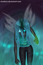 Size: 573x864 | Tagged: dead source, safe, artist:charliexe, imported from derpibooru, queen chrysalis, equestria girls, creepy, equestria girls-ified, female, glowing eyes, looking at you, smiling, solo