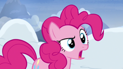 Size: 1280x720 | Tagged: safe, imported from derpibooru, screencap, pinkie pie, pony, not asking for trouble, female, mare, raised eyebrow, snow, solo