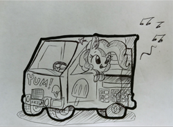 Size: 1300x958 | Tagged: safe, artist:tjpones, imported from derpibooru, pinkie pie, earth pony, pony, black and white, car, ear fluff, female, food, grayscale, ice cream, ice cream truck, inktober, monochrome, music notes, solo, traditional art, truck