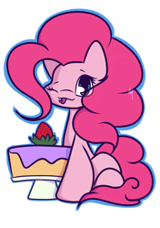 Size: 1200x1700 | Tagged: safe, artist:hedgehog-plant, imported from derpibooru, pinkie pie, cake, female, food, one eye closed, simple background, solo, strawberry, tongue out, white background