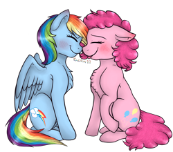 Size: 1650x1450 | Tagged: safe, artist:raelin11, artist:violetpony11, imported from derpibooru, pinkie pie, rainbow dash, earth pony, pegasus, pony, blushing, chest fluff, eyes closed, female, lesbian, mare, pinkiedash, shipping, simple background, sitting, smiling, tongue out, transparent background