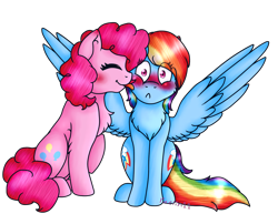 Size: 1550x1250 | Tagged: safe, artist:raelin11, artist:violetpony11, imported from derpibooru, pinkie pie, rainbow dash, earth pony, pegasus, pony, blushing, chest fluff, eyes closed, female, lesbian, licking, mare, pinkiedash, shipping, simple background, spread wings, tongue out, transparent background, wings