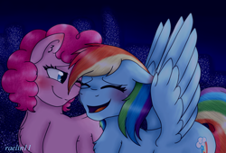 Size: 1990x1350 | Tagged: safe, artist:raelin11, artist:violetpony11, imported from derpibooru, pinkie pie, rainbow dash, earth pony, pegasus, pony, blushing, chest fluff, eyes closed, female, laughing, lesbian, mare, open mouth, pinkiedash, shipping, smiling