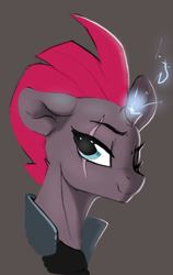 Size: 989x1564 | Tagged: safe, artist:dimfann, imported from derpibooru, tempest shadow, pony, unicorn, my little pony: the movie, broken horn, bust, eye scar, female, gray background, magic, mare, one eye closed, scar, simple background, smiling, solo, sparking horn, wink