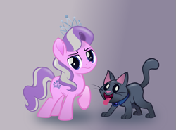 Size: 809x600 | Tagged: safe, artist:magerblutooth, imported from derpibooru, diamond tiara, oc, oc:dazzle, cat, pony, movie accurate