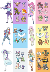 Size: 718x1035 | Tagged: safe, artist:misochikin, artist:wolf, imported from derpibooru, applejack, fluttershy, pinkie pie, rainbow dash, rarity, twilight sparkle, absol, aggron, alakazam, altaria, beautifly, blaziken, carbink, castform, drifblim, emboar, espeon, glaceon, goodra, hawlucha, haxorus, krookodile, ludicolo, lycanroc, milotic, miltank, minun, mudsdale, noctowl, pidgeot, purugly, rapidash, sableye, slowking, slurpuff, swellow, torkoal, trevenant, ursaring, equestria girls, clothes, converse, crossover, humane five, humane six, mega evolution, mr. mime, pokémon, pokémon team, pokémon trainer, shoes, tsareena