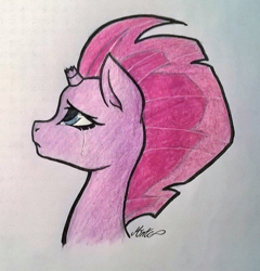 Size: 1024x1066 | Tagged: safe, artist:mimicproductions, imported from derpibooru, tempest shadow, pony, unicorn, my little pony: the movie, broken horn, bust, crying, female, portrait, profile, sad, solo, traditional art