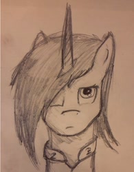 Size: 604x776 | Tagged: safe, artist:lxden, imported from derpibooru, oc, oc only, oc:littlepip, pony, unicorn, fallout equestria, fallout equestria: vivat littlepip, black and white, bust, clothes, fanfic, fanfic art, female, grayscale, horn, jumpsuit, mare, monochrome, portrait, simple background, solo, traditional art, vault suit, white background