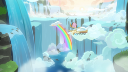 Size: 1920x1080 | Tagged: safe, imported from derpibooru, screencap, twilight velvet, pony, once upon a zeppelin, airship, barrel, cloud, foam, neighagra falls, rainbow, scenery, scenery porn, waterfall, zeppelin