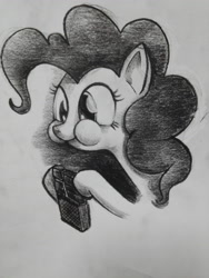 Size: 3120x4160 | Tagged: safe, artist:jchu9151, imported from derpibooru, pinkie pie, earth pony, pony, chocolate, eating, female, food, grayscale, monochrome, ponk, solo, traditional art