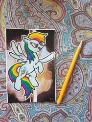 Size: 4032x3024 | Tagged: safe, artist:twerkyvulture, imported from derpibooru, rainbow dash, pegasus, pony, awesome, colored pencil drawing, female, flying, mare, photo, solo, traditional art