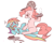 Size: 1280x1024 | Tagged: safe, artist:kkuyo, imported from derpibooru, pinkie pie, rainbow dash, earth pony, pegasus, pony, secrets and pies, abuse, chest fluff, crying, cute, dashabetes, dashabuse, eat my pie, floppy ears, food, hat, on back, open mouth, pie, pinkie prick, sweat, sweatdrops, this will end in cupcakes, tongue out, trembling