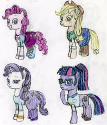 Size: 2209x2566 | Tagged: safe, artist:matttob, imported from derpibooru, applejack, pinkie pie, sci-twi, twilight sparkle, pony, unicorn, equestria girls, clothes, equestria girls outfit, equestria girls ponified, high res, human pony applejack, human pony pinkie pie, human pony rarity, ponified, traditional art, unicorn sci-twi