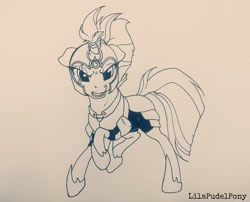 Size: 1024x829 | Tagged: safe, artist:lilapudelpony, imported from derpibooru, tempest shadow, pony, unicorn, my little pony: the movie, armor, broken horn, female, helmet, inktober, inktober 2017, looking at you, mare, monochrome, simple background, sketch, solo, traditional art