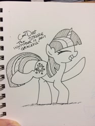 Size: 960x1280 | Tagged: safe, artist:coaldustthestrange, imported from derpibooru, twilight sparkle, pony, unicorn, dancing, eyes closed, female, grin, happy, inktober, mare, raised hoof, raised leg, smiling, solo, traditional art