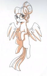 Size: 1293x2066 | Tagged: safe, artist:little-tweenframes, deleted from derpibooru, imported from derpibooru, sci-twi, twilight sparkle, pegasus, pony, series:sciset diary, female, glasses, inktober, looking at you, mare, monochrome, ponified, sketch, smiling, solo, traditional art