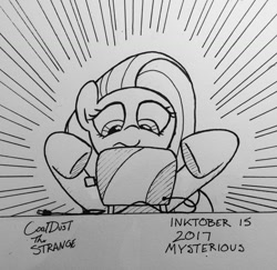 Size: 1280x1244 | Tagged: safe, artist:coaldustthestrange, imported from derpibooru, fluttershy, pegasus, pony, female, inktober, monochrome, solo, toaster, traditional art