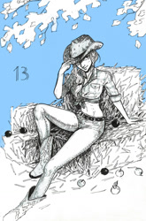 Size: 900x1367 | Tagged: safe, artist:yioshka, imported from derpibooru, applejack, human, apple, belly button, boots, clothes, female, food, hat, hay bale, humanized, jeans, midriff, pants, shoes, solo, traditional art