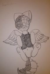 Size: 1280x1884 | Tagged: safe, artist:darnelg, imported from derpibooru, songbird serenade, pegasus, pony, my little pony: the movie, belly button, dock, female, frog (hoof), monochrome, solo, spread wings, traditional art, underhoof, wings